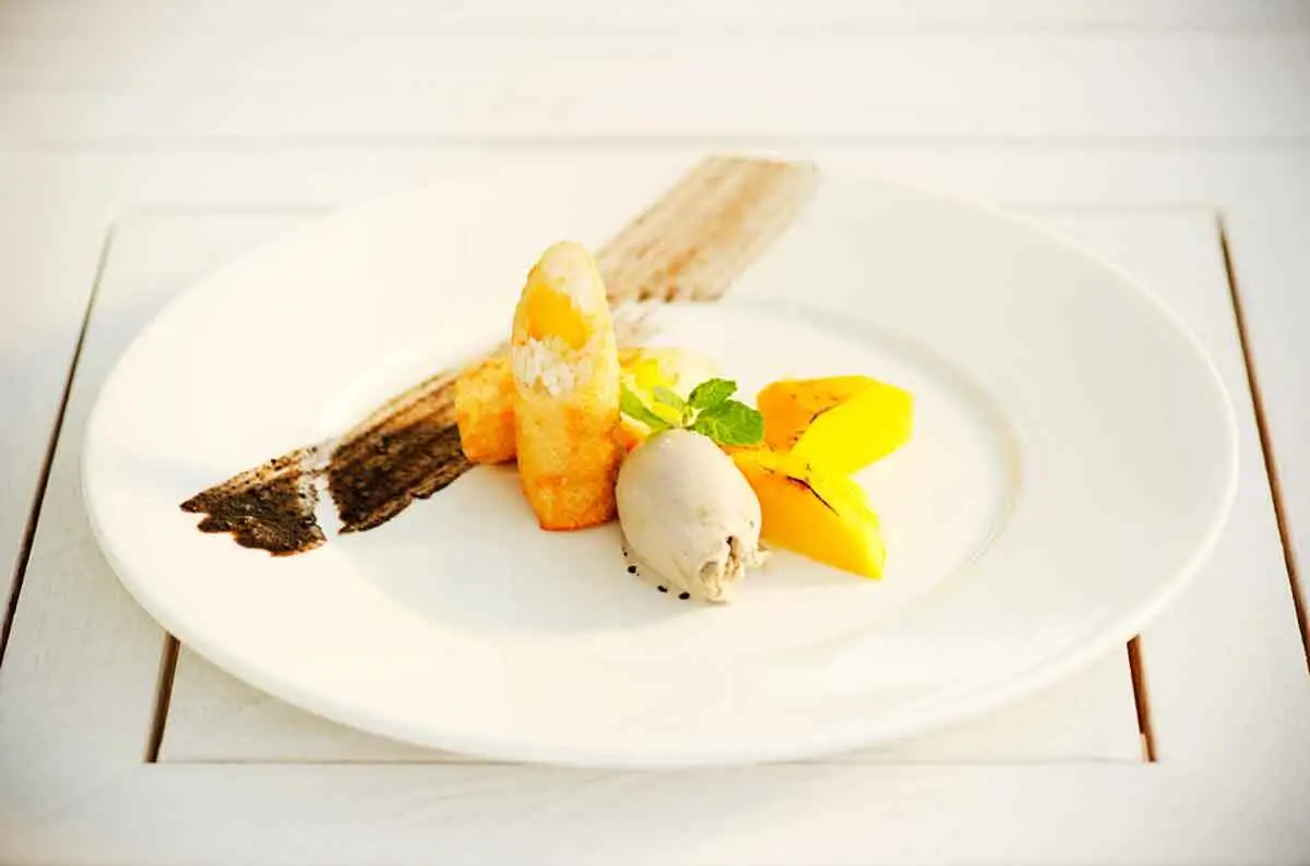Mango sticky rice spring roll black sesame ice cream